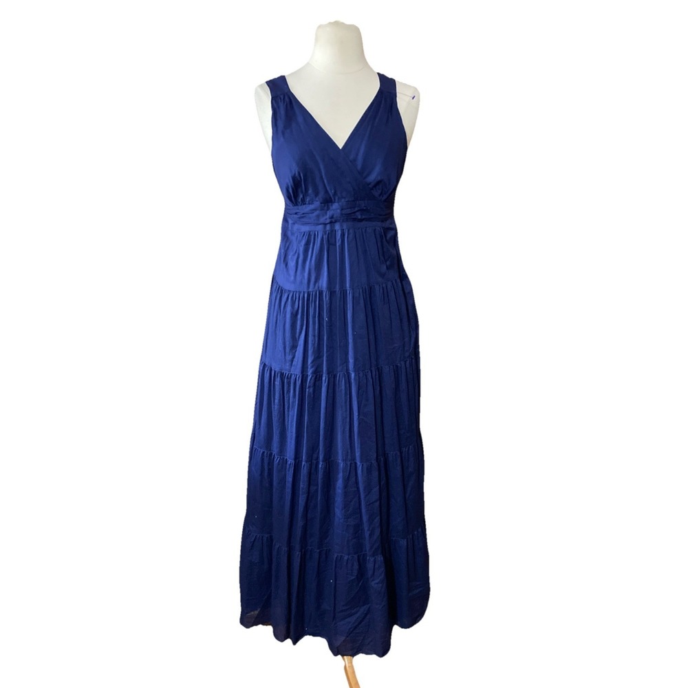 TALBOTS TIERED Maxi Dress Sz 6 Blue Sleeveless V-Neck Tie Waist Wedding Guest